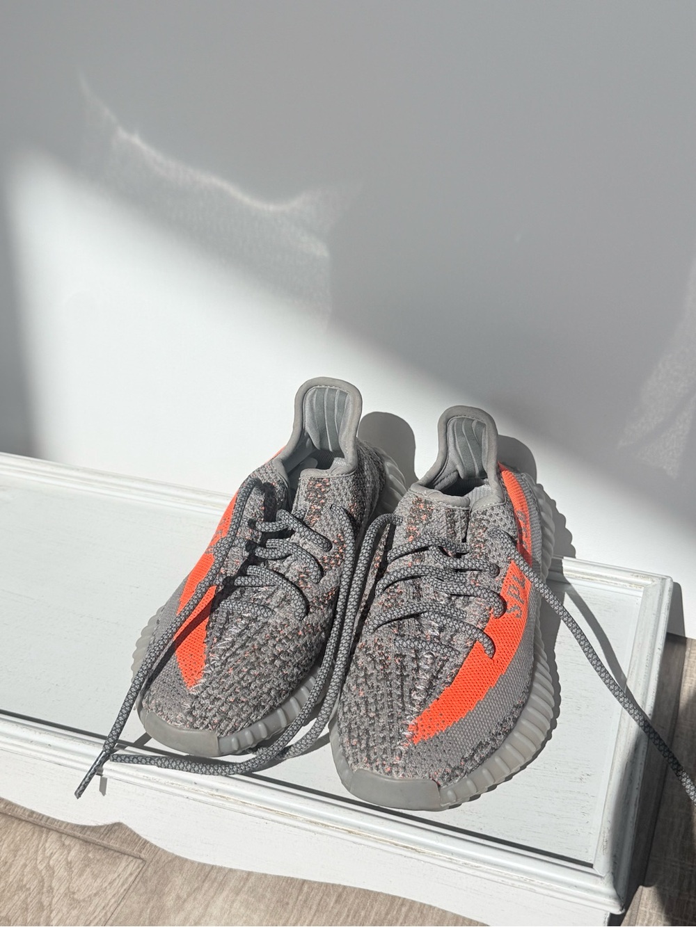 Yeezy Kids Gray Knit Sneakers with Bright Orange Stripe